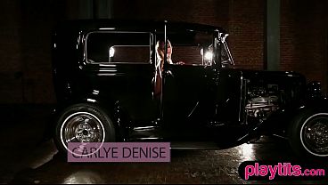 Big boobs curvy petite MILF strips nude in a vintage car outdoors